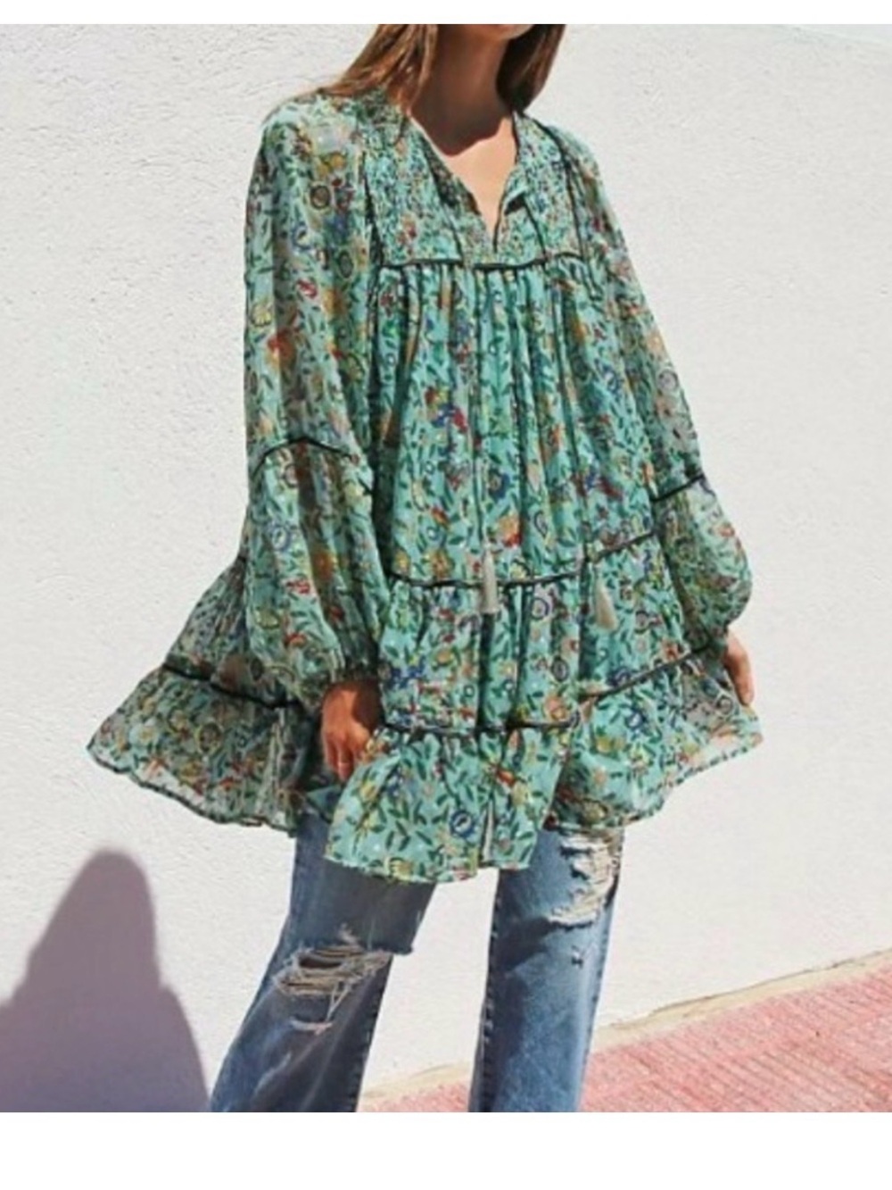 Free People Turquoise Floral Tiered Boho Tunic Mini Dress Small NWT
